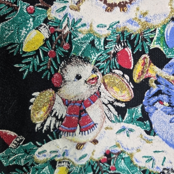 Vtg 80s Nutcracker Christmas tree birds black sweatshirt built in collar - Picture 10 of 11
